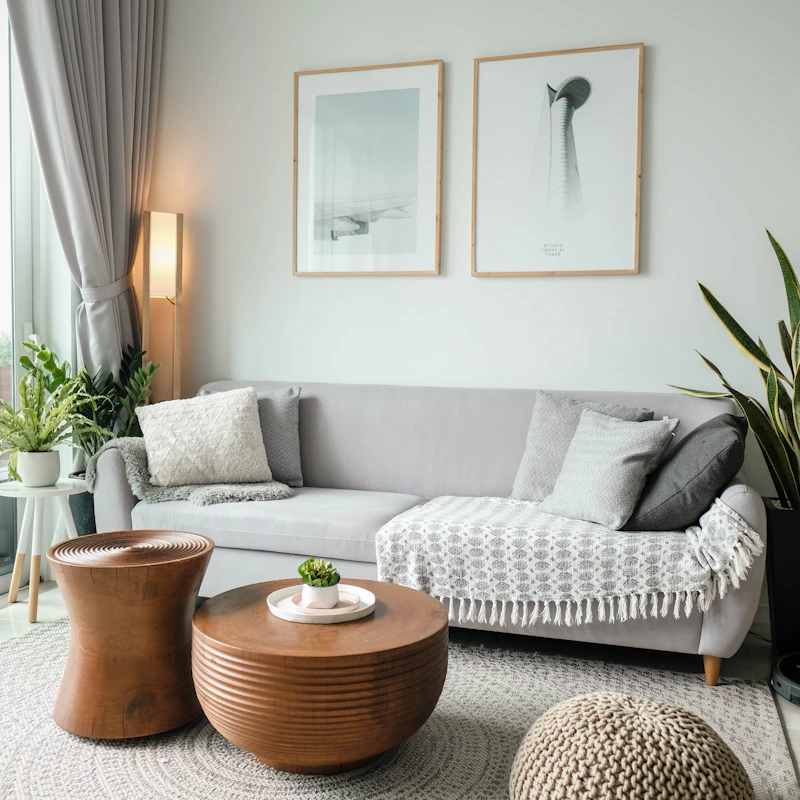 Sofa with turned-wood side tables