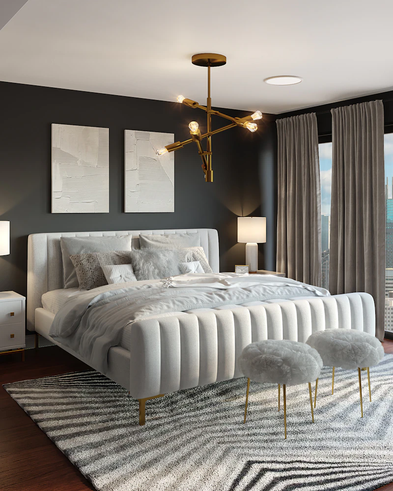Master bedroom with upholstered bed