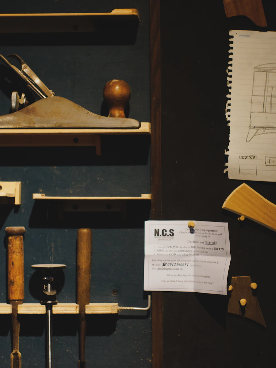 Hand tools and sketches on the wall of the Nordwood atelier